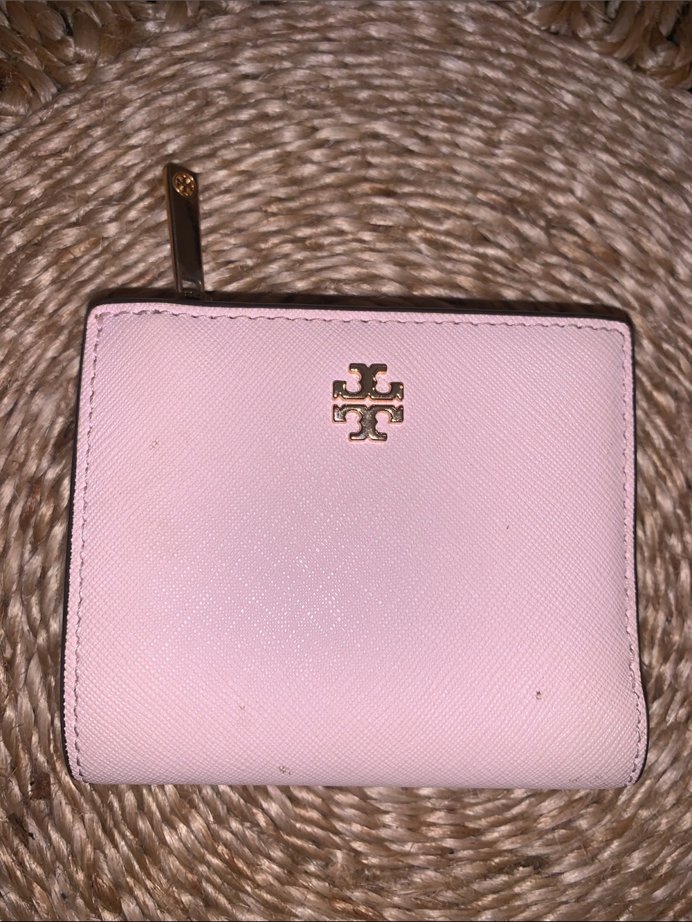 Tory Burch Light Pink Saffiano Leather Zip Wallet with Gold Logo